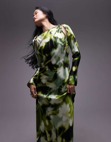 Topshop slash neck dress with arm cut out in green floral