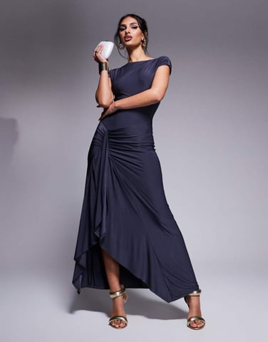 Kaiia exclusive double layered slinky cap sleeve side split drape detail maxi dress in charcoal