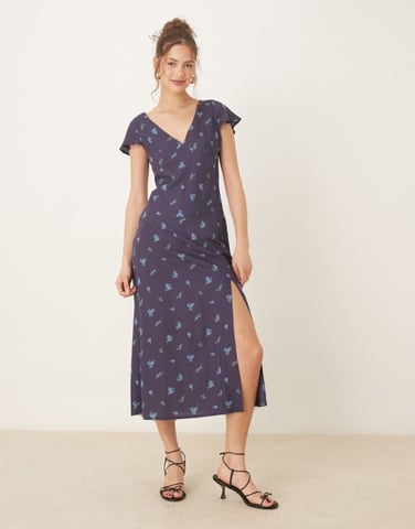 ASOS DESIGN v neck flutter sleeve midi tea dress in navy ditsy floral print