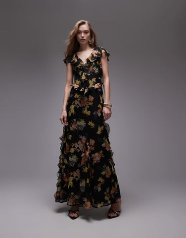 Topshop flutter sleeve ruffle occasion midi dress in black base floral