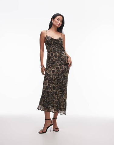 Topshop twistback cowl neck midi klänning i ormtryck