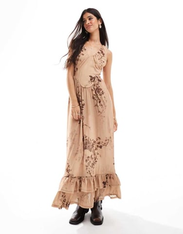 ASOS DESIGN plunge tiered midi dress with gathered waist in boho print