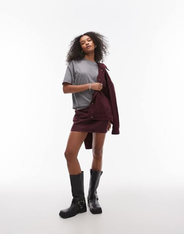 Topshop denim micro pelmet skirt in burgundy