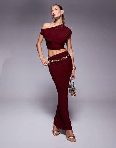 Kaiia exclusive double layered slinky ruched drawstring maxi skirt co-ord in burgundy