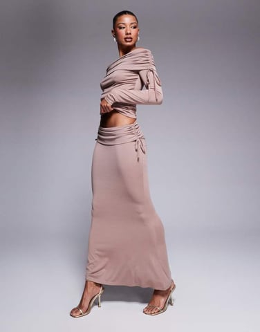 ASOS DESIGN fold over waist fishtail maxi skirt with side ruching in mink