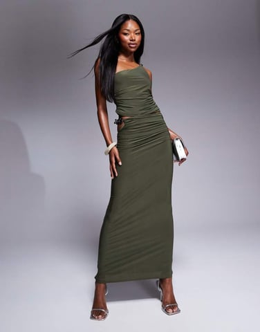 ASOS DESIGN co-ord silver chain cut out detail slinky column maxi skirt in khaki