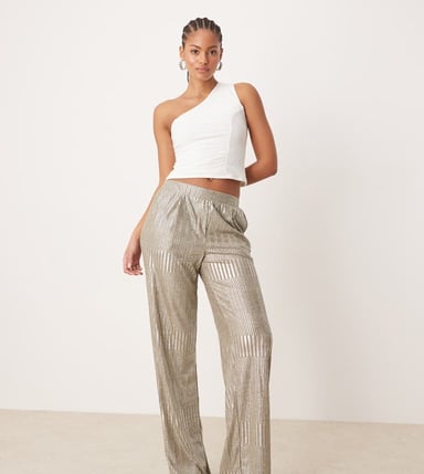 JDY Tall ribbed wide leg trousers in silver