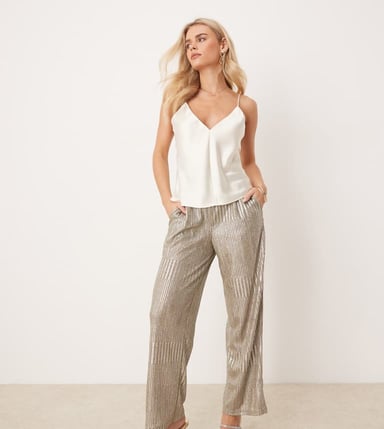 JDY Petite ribbed wide leg trousers in silver