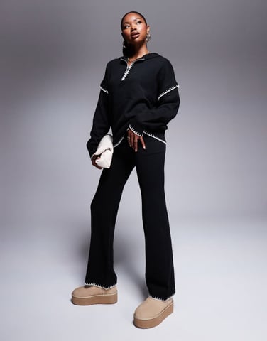 Kaiia exclusive contrast stitch wide leg knitted trousers co-ord in black