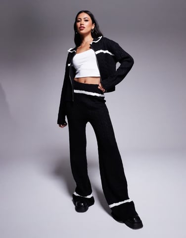 Kaiia exclusive knitted wide leg contrast stripe trousers co-ord in mono