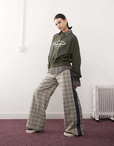 Reclaimed Vintage wide leg tailored trouser with contrast panels in neutral check