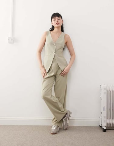 Miss Selfridge co-ord tailored wide leg trouser in khaki
