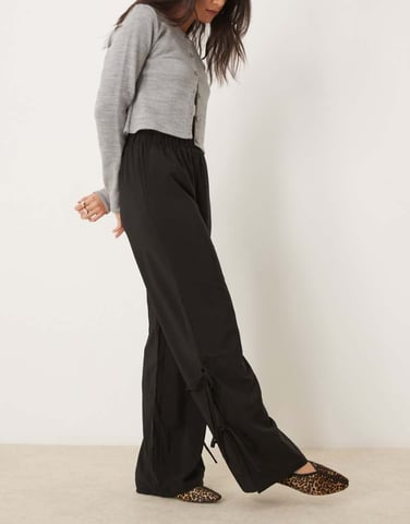 Vila wide leg trouser with side split and tie side detail in black