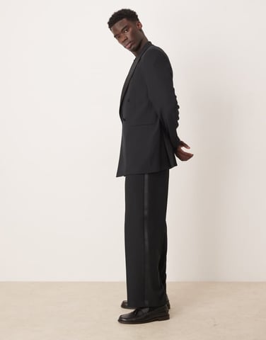 ASOS DESIGN wide leg tuxedo suit trousers in black texture