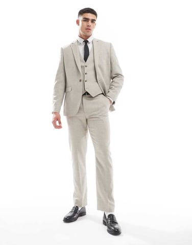 ASOS DESIGN slim suit trousers with wool in stone tweed