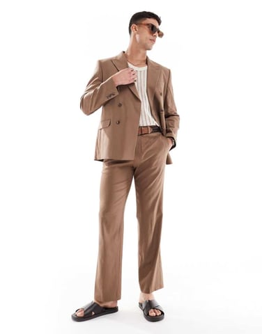 ASOS DESIGN linen blend tapered suit trousers in brown - BROWN