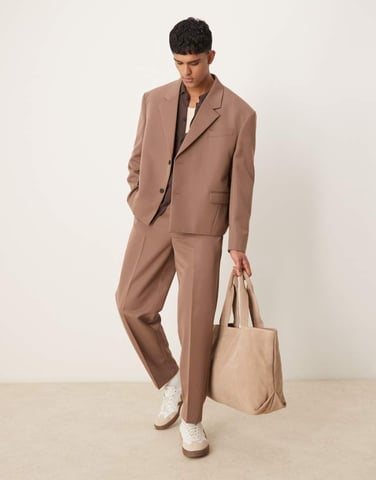 ASOS DESIGN oversized tapered suit trousers in brown