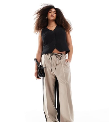 ASOS DESIGN Curve tailored relaxed trousers with tie waist in mocha