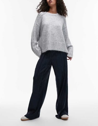 Topshop crinkle plisse wide leg trouser in navy
