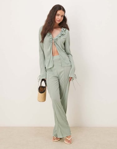 Vila textured wide leg jersey trouser co-ord in milieu green