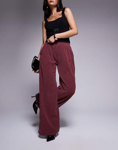 ASOS DESIGN textured wide leg trouser in burgundy
