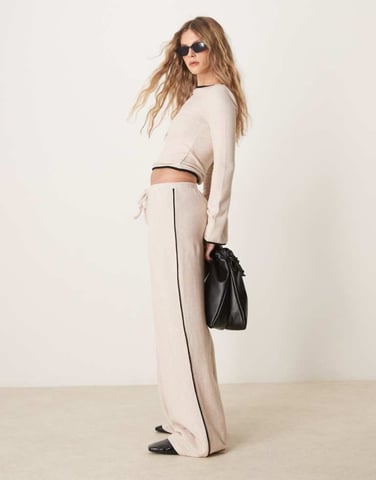 ASOS DESIGN wide leg brushed trouser with piping detail co ord in cream