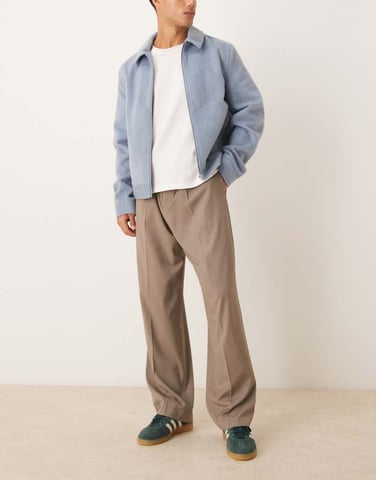 ASOS DESIGN smart wide leg trousers with triple pleats in beige with half elasticated waist