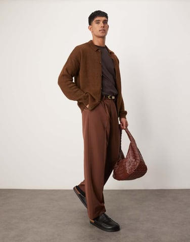 ASOS DESIGN smart wide leg trousers with front pleat in brown