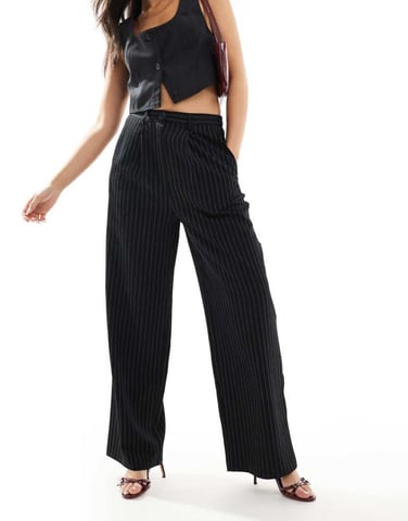 Miss Selfridge tailored wide leg dad trouser in black pinstripe