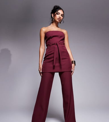 Kaiia exclusive tailored tie waist wide leg trousers co-ord in burgundy