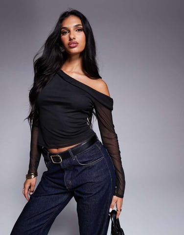 ASOS DESIGN long sleeve off shoulder top in black mesh
