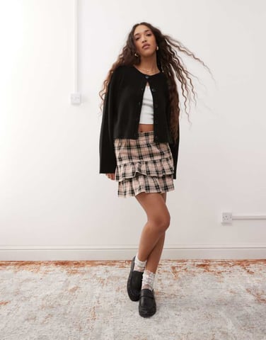 Miss Selfridge frill mini skirt in check print