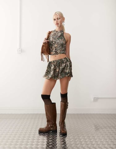 COLLUSION satin bubble mini skirt in camo print