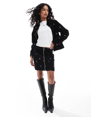 Nobody's Child Dalston cord embroidered mini skirt co-ord in black