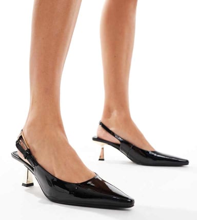 Simmi London June Wide Fit pointed slingback kitten heels in black patent