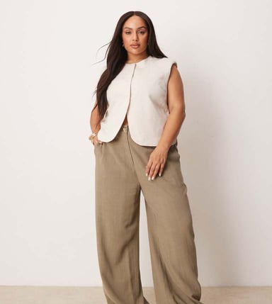 ASOS DESIGN Curve relaxed straight leg trousers with linen in khaki