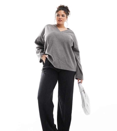 ONLY Curve pinstripe straight leg trousers in black