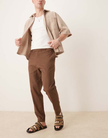 ASOS DESIGN smart tapered fit linen blend trousers in brown with turnups