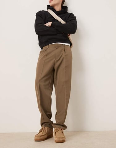ASOS DESIGN smart oversized tapered trousers with front pleat in khaki