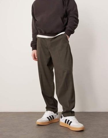 ASOS DESIGN smart oversized tapered trousers in brown check with elasticated waist