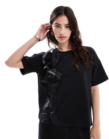 Vero Moda 3D rose applique short sleeve sweat t-shirt co-ord in black