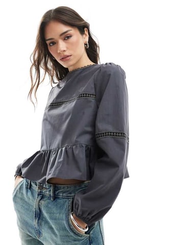 ASOS DESIGN lace trim detail blouse in black