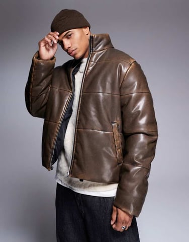 ASOS DESIGN washed faux leather puffer jacket in brown
