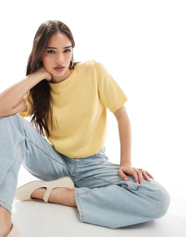 ASOS DESIGN knitted half sleeve top in buttermilk yellow