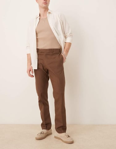 ASOS DESIGN smart slim fit linen blend trousers in brown