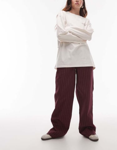 Topshop pull on straight leg striped trouser in burgundy
