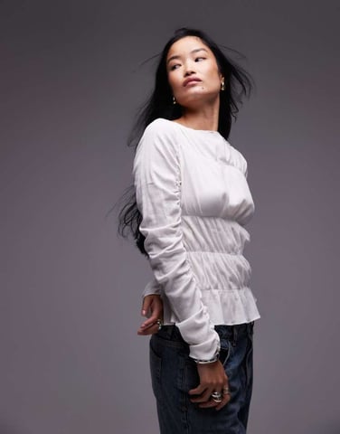 Topshop shirred slash neck top in ivory