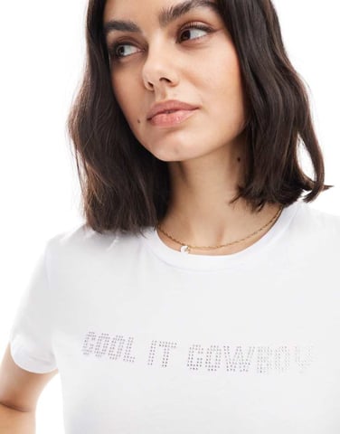 Pieces baby tee with cool it cowboy diamante graphic in white
