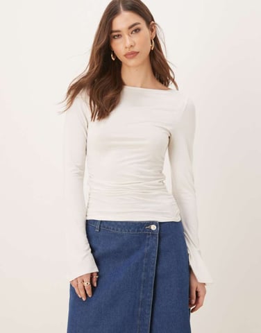 Gina Tricot Soft Touch long sleeve boatneck top in off white