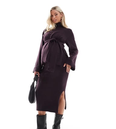 Mamalicious maternity knitted over the bump ankle length skirt co-ord in plum